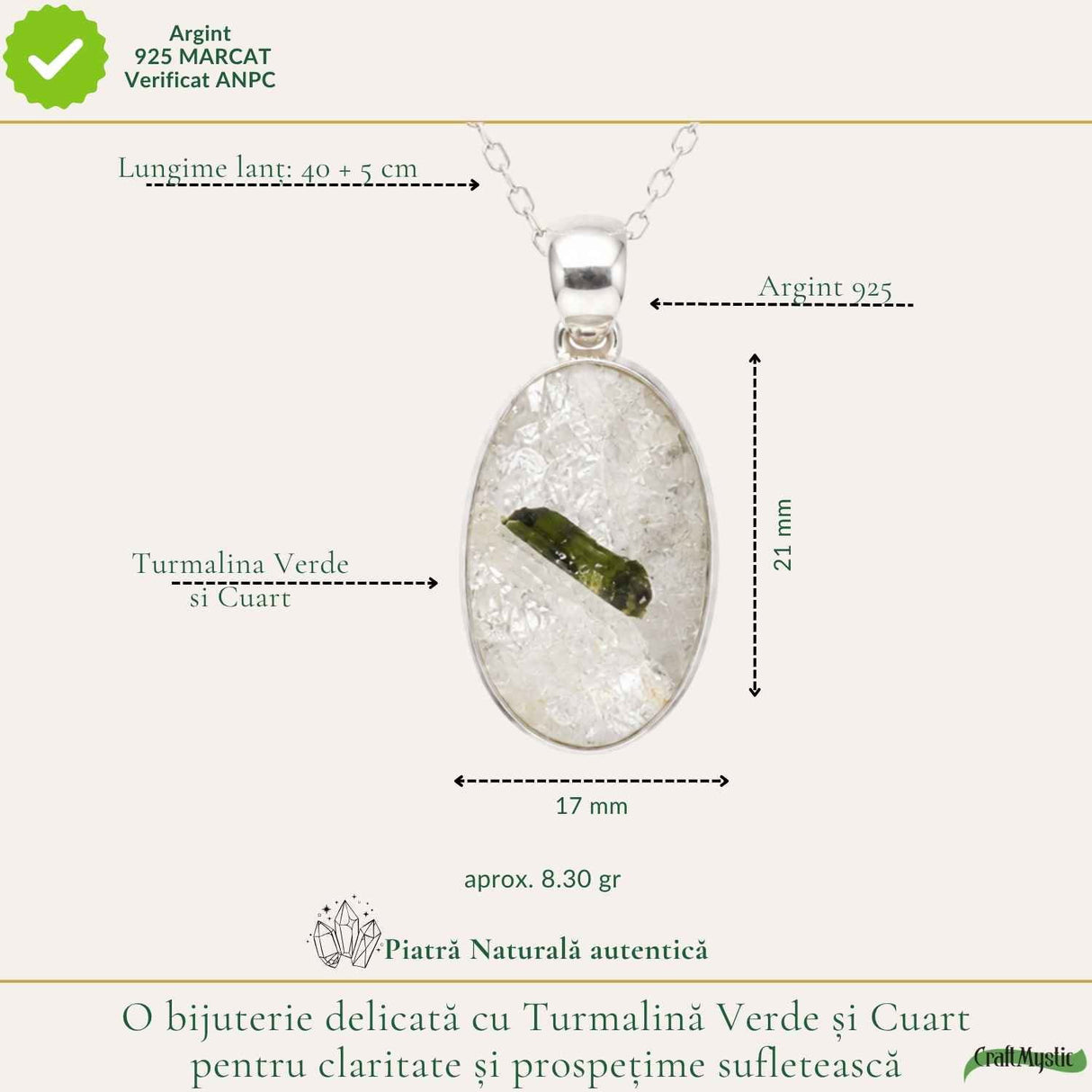 Colier Argint 925 cu Turmalina Verde si Cuart Oval – Armonie si Energie Pozitiva