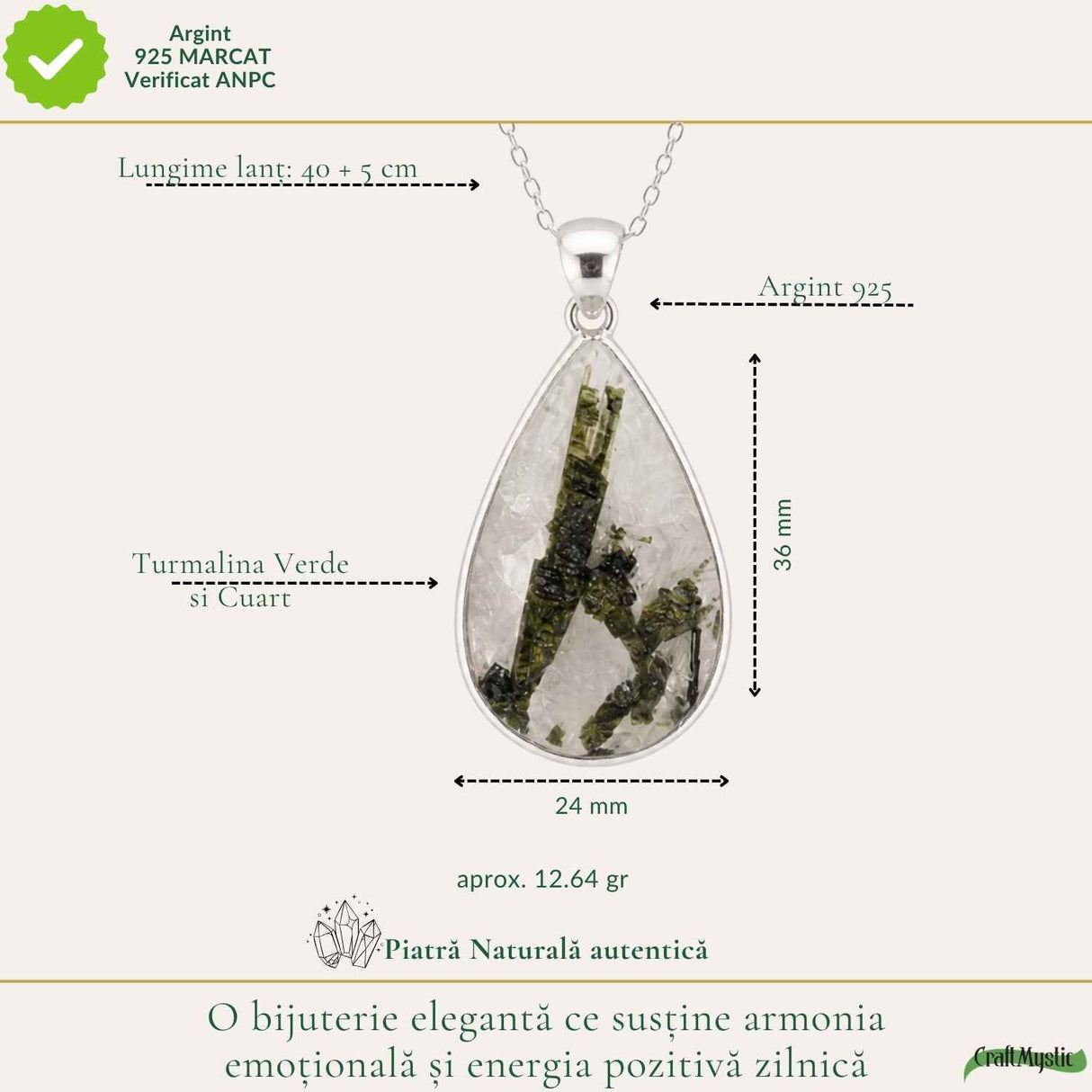 Colier Argint 925 cu Turmalina Verde si Cuart Lacrima – Armonie si Claritate