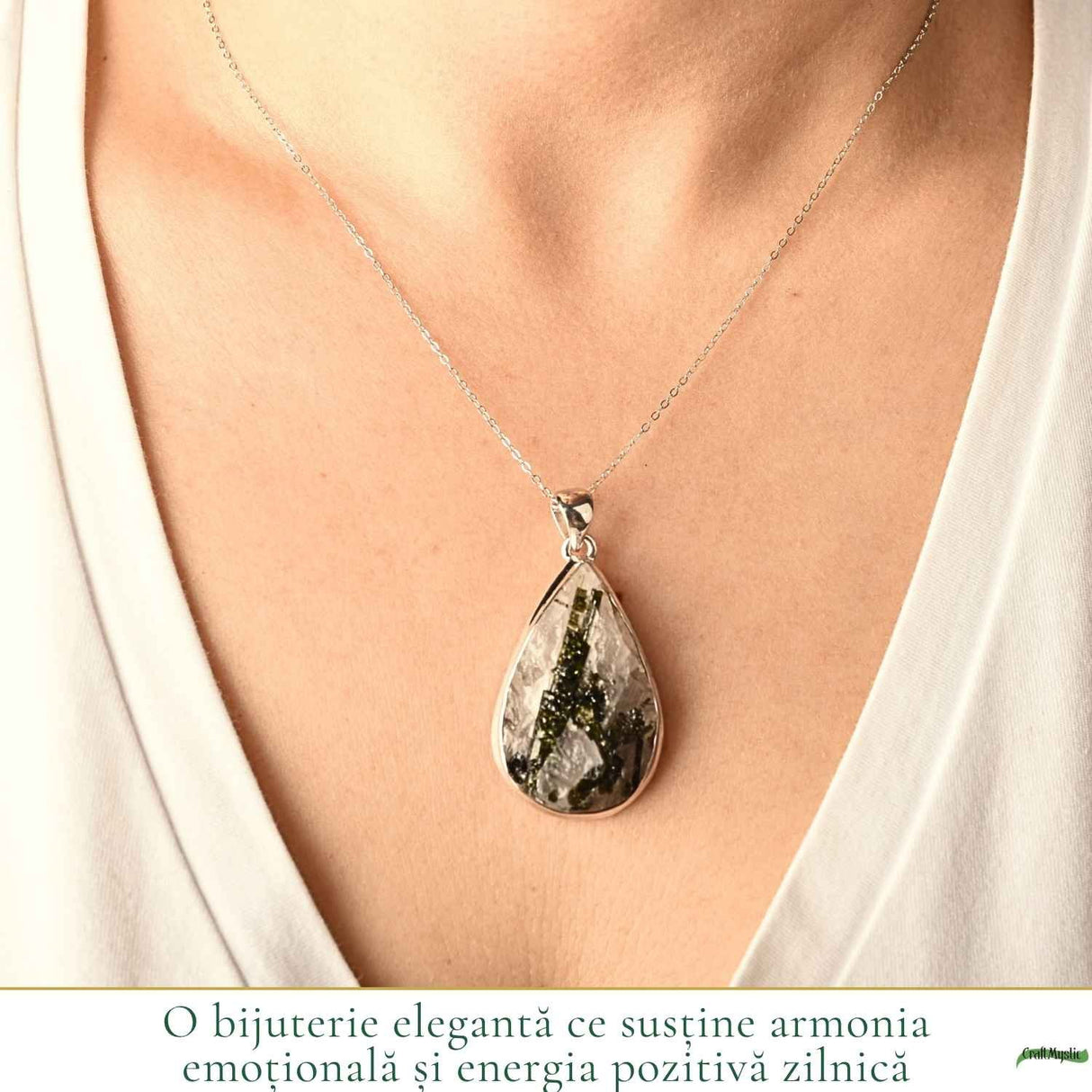 Colier Argint 925 cu Turmalina Verde si Cuart Lacrima – Armonie si Claritate