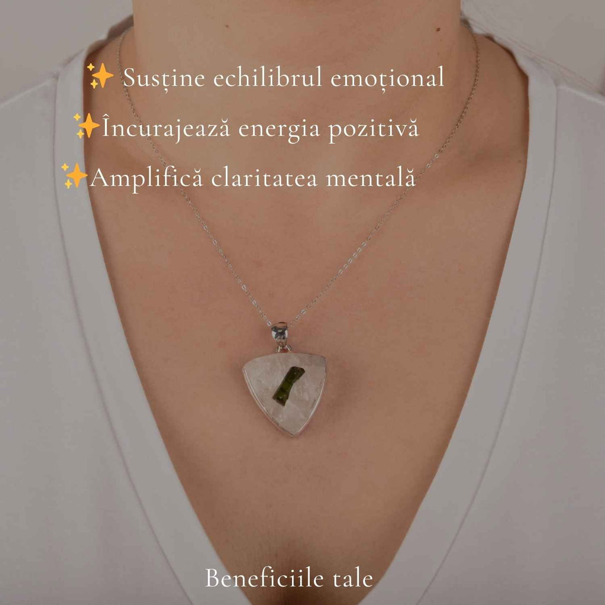 Colier Argint 925 cu Turmalina Verde si Cuart Triunghi – Energie si Protectie