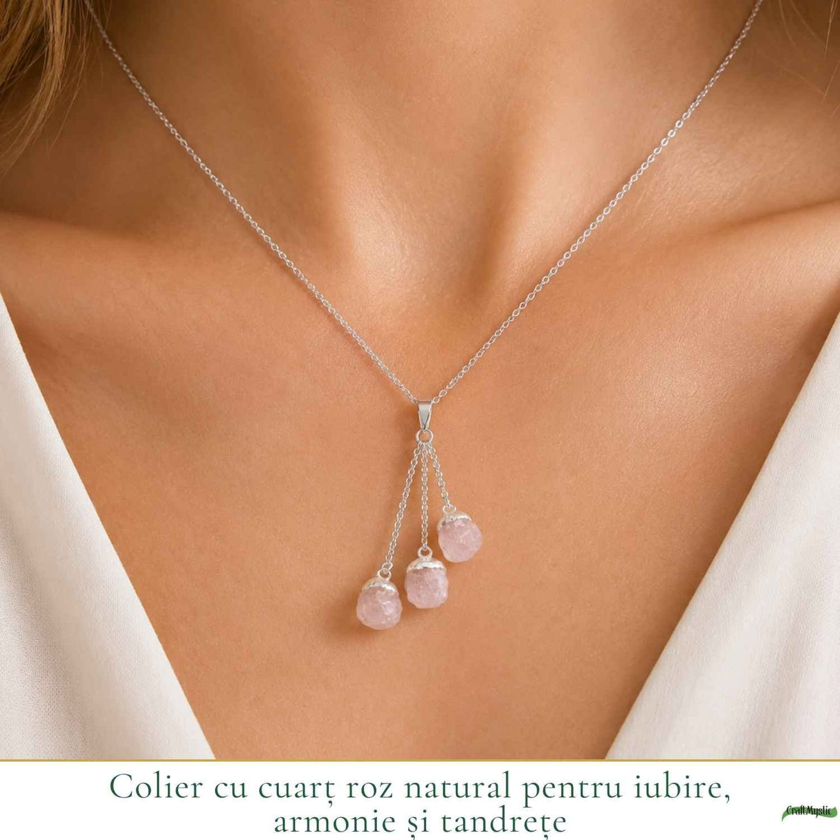 Colier cu Triplu Cuart Roz Brut Natural – Iubire, Armonie si Feminitate