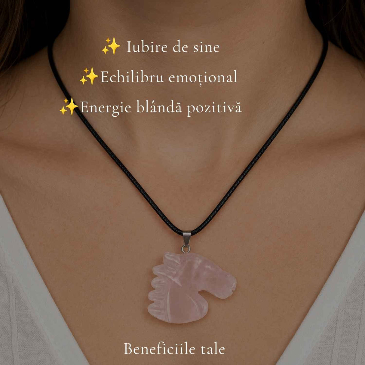 Colier cu Cuart Roz Natural in Forma de Cal – Iubire, Blandete si Libertate