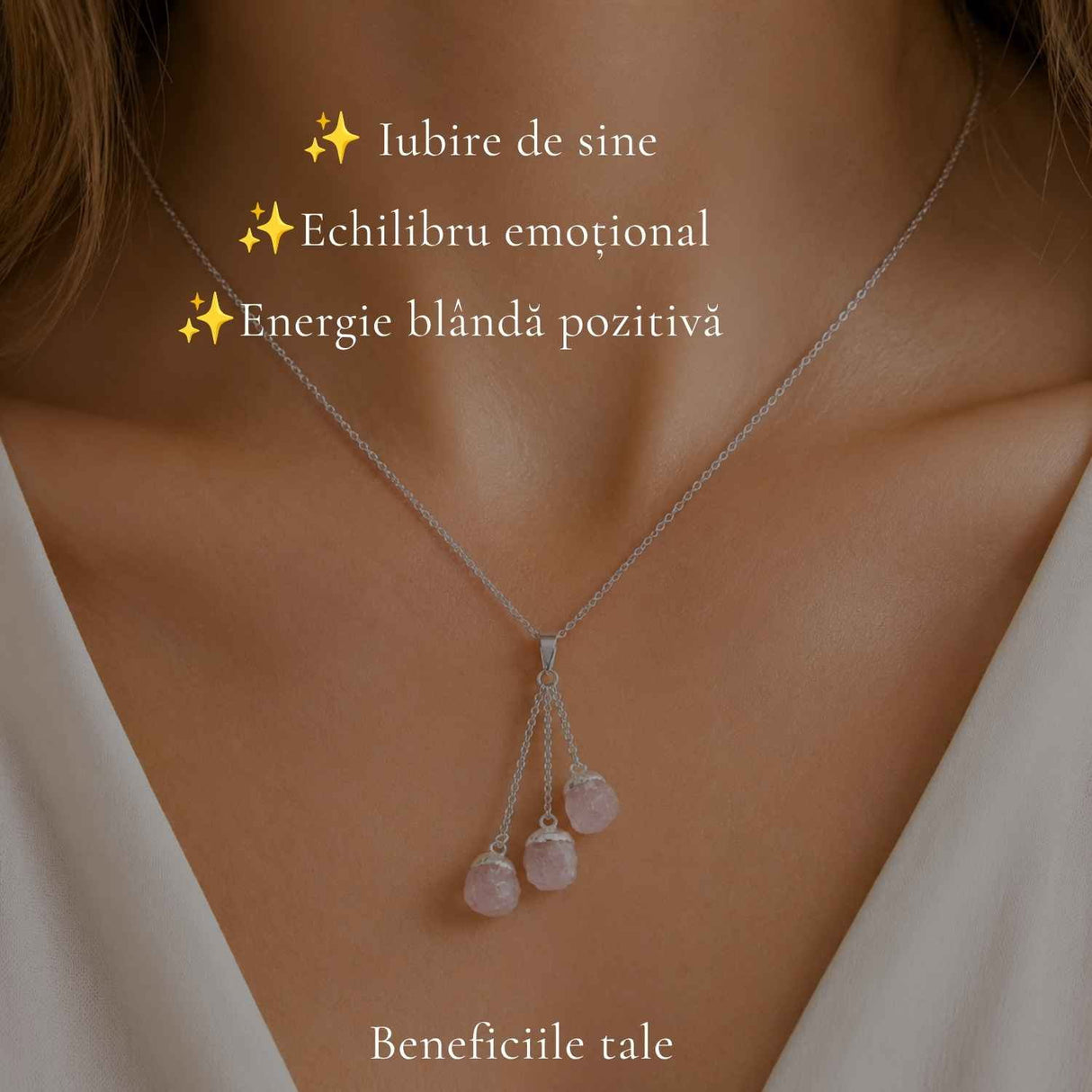 Colier cu Triplu Cuart Roz Brut Natural – Iubire, Armonie si Feminitate