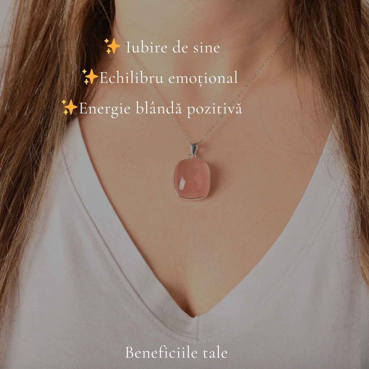 Colier argint 925 cu Cuart Roz patrat – iubire de sine si echilibru emotional