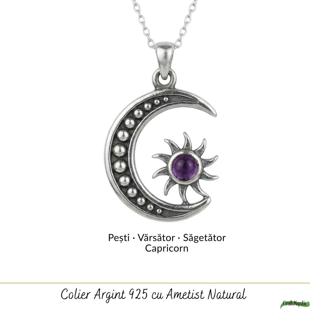 Colier Argint 925 Soare si Semiluna cu Ametist Natural – Echilibru si Energie Interioara