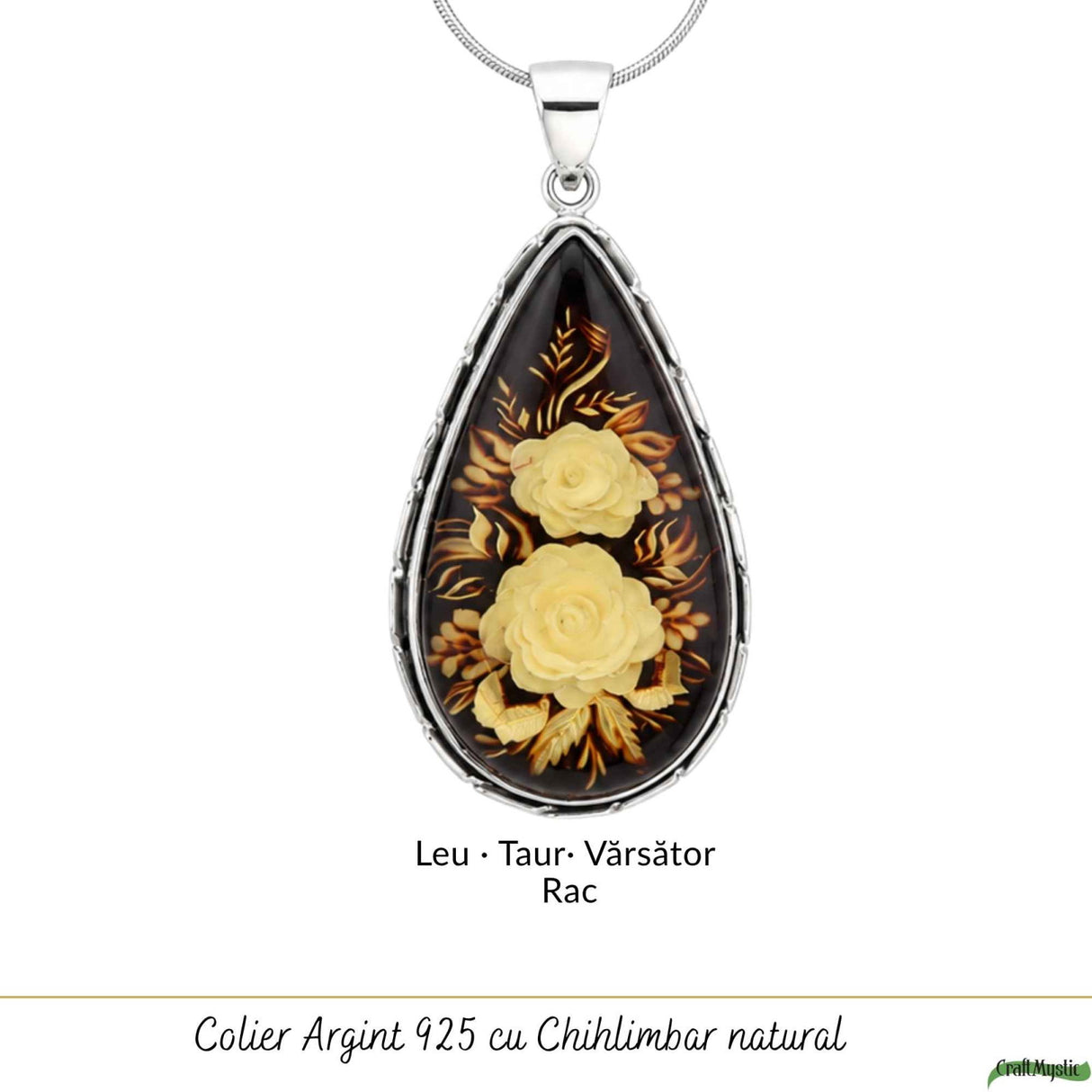 Colier Argint 925 cu Chihlimbar Verde Natural Lacrima cu Trandafiri – Echilibru si Eleganta
