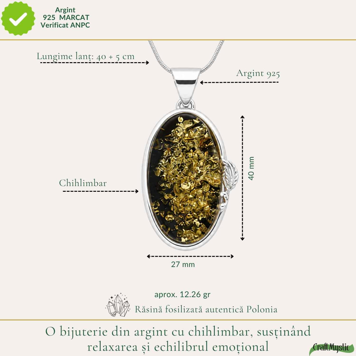 Colier Argint 925 Oval cu Chihlimbar Verde – Protectie si Echilibru Emotional