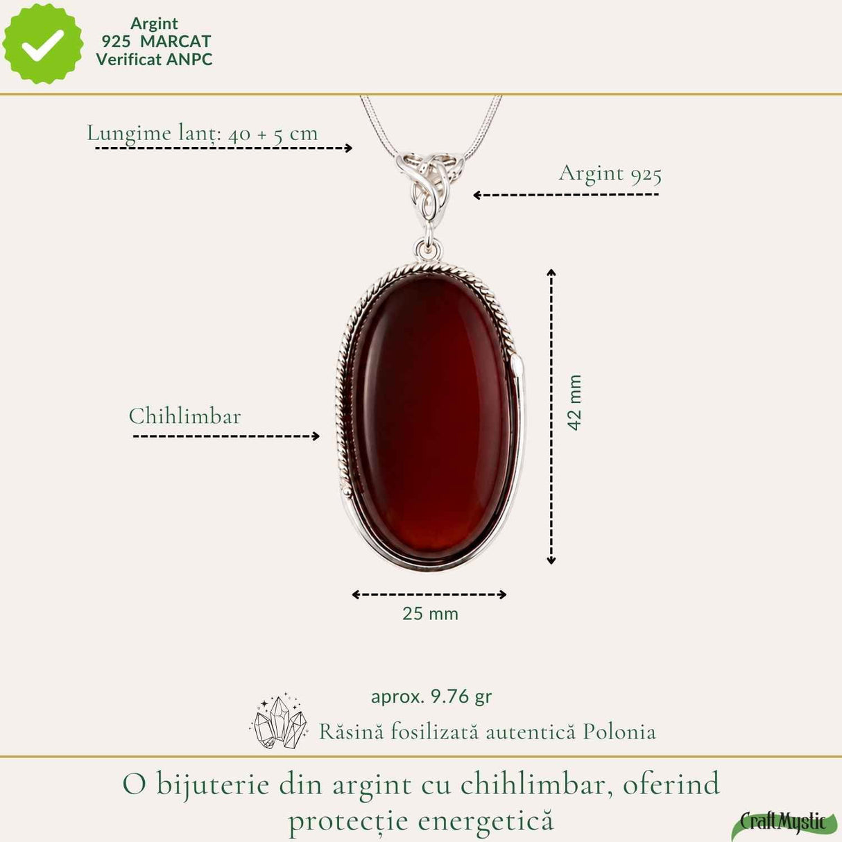 Colier Argint 925 Oval cu Chihlimbar Cherry – Energie Pozitiva si Protectie