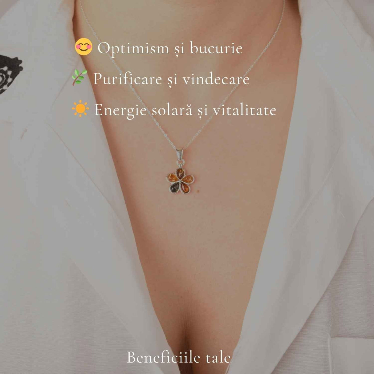 Colier Argint 925 cu Floare din Chihlimbar Natural in 3 Culori - Energie Calda si Feminitate