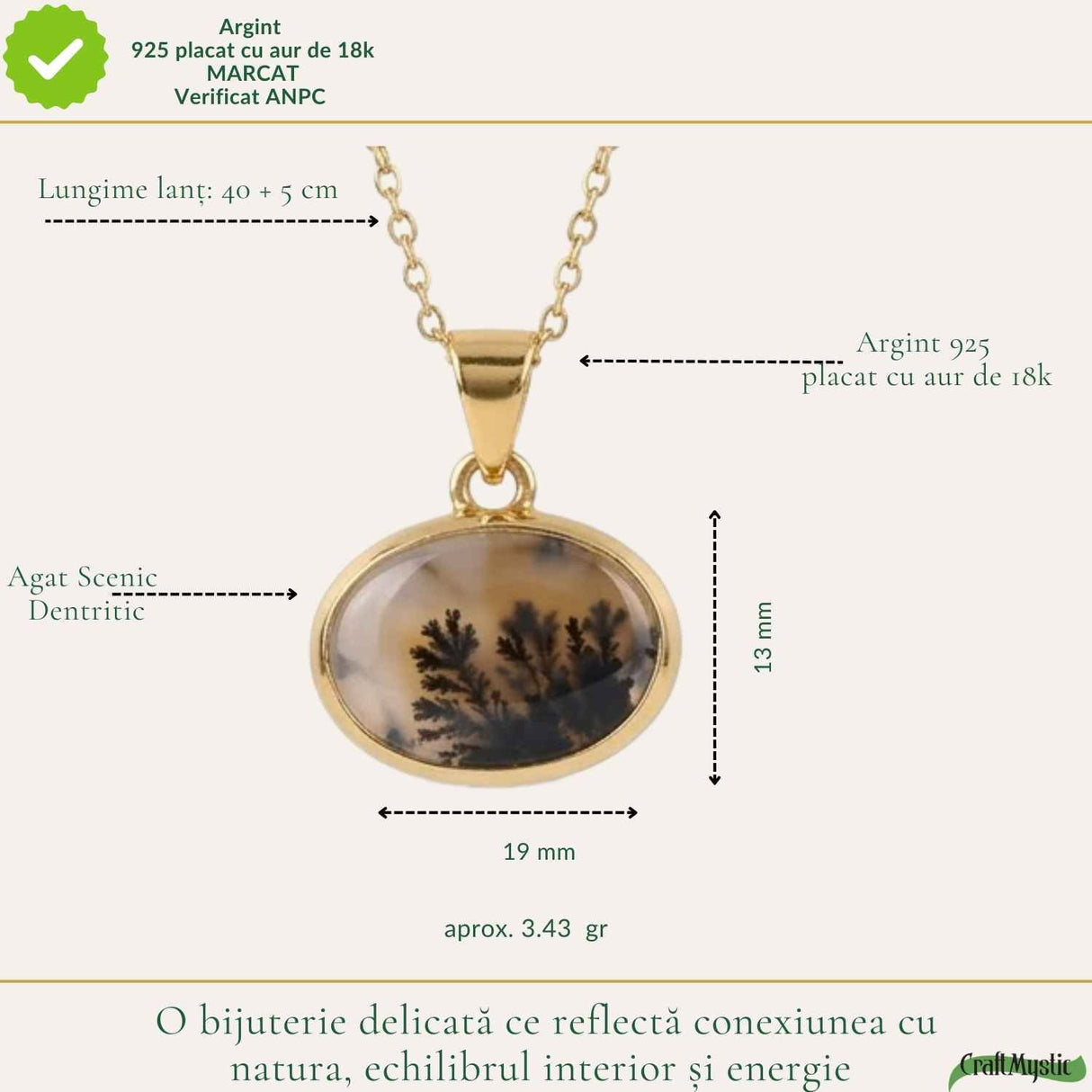 Colier Argint 925 Placat Aur 18K cu Agat Scenic Dendritic Oval – Echilibru si Claritate
