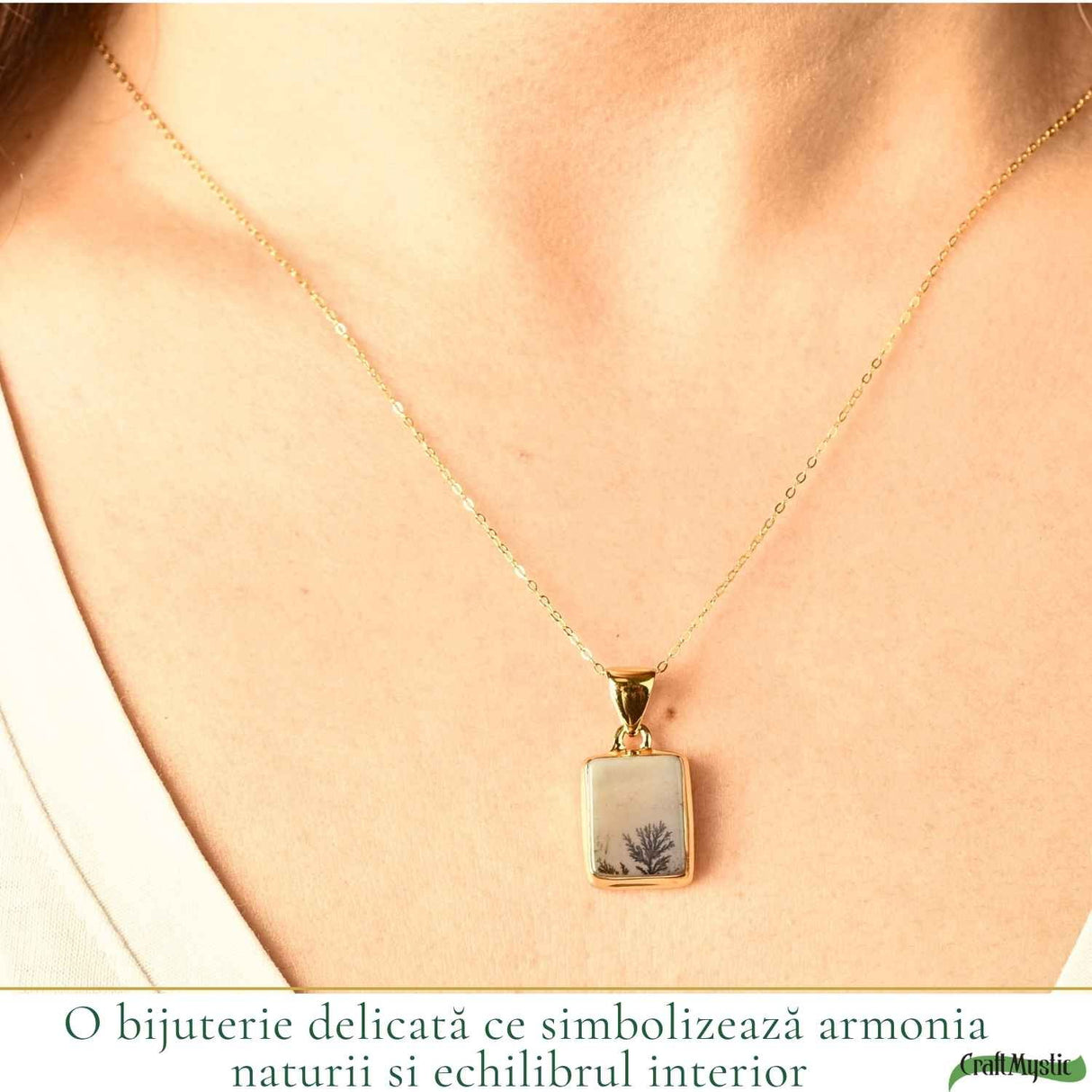 Colier Argint 925 Placat Aur 18K cu Agat Scenic Dendritic Dreptunghi – Echilibru si Claritate