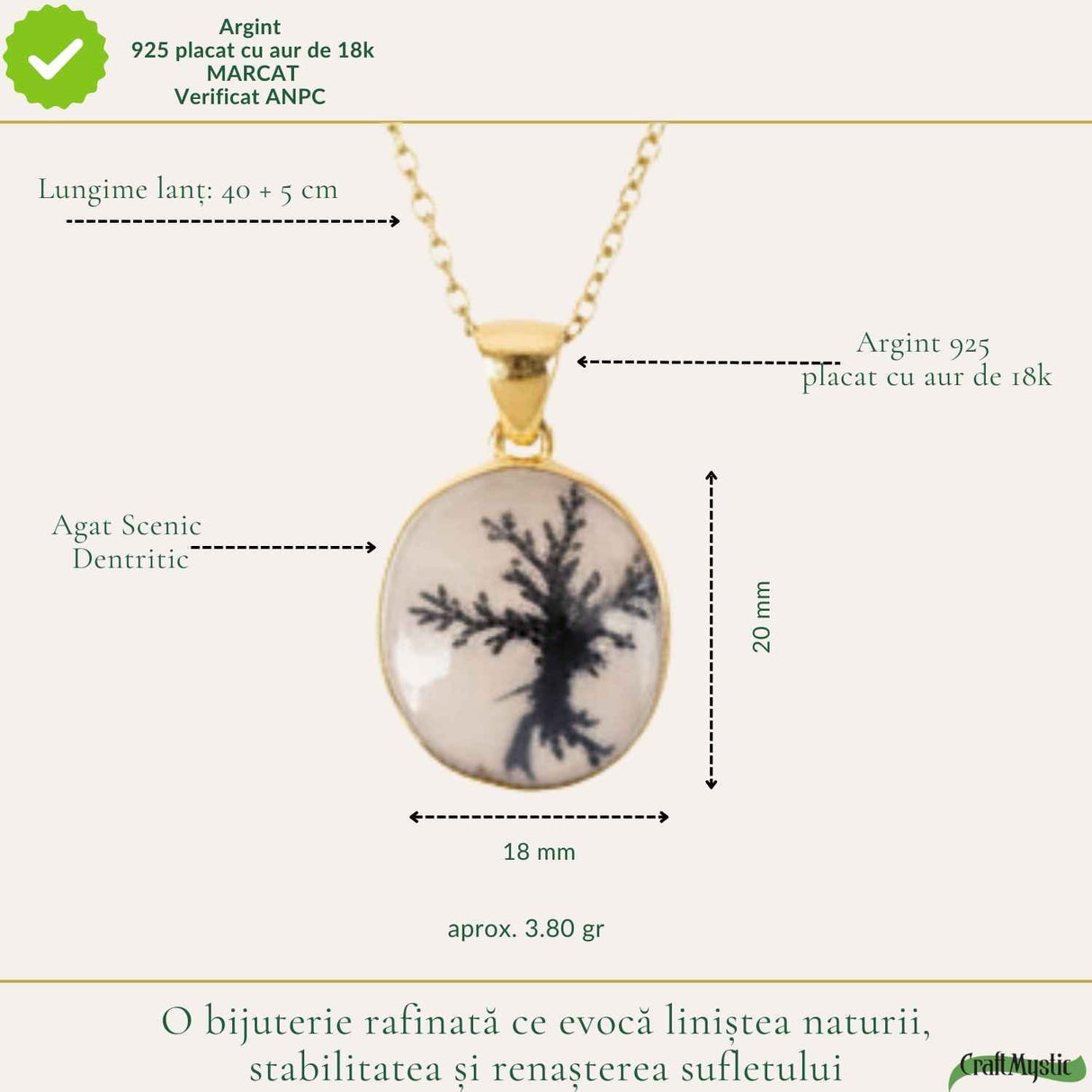 Colier Argint 925 Placat Aur 18K cu Agat Scenic Dendritic Oval – Echilibru si Claritate