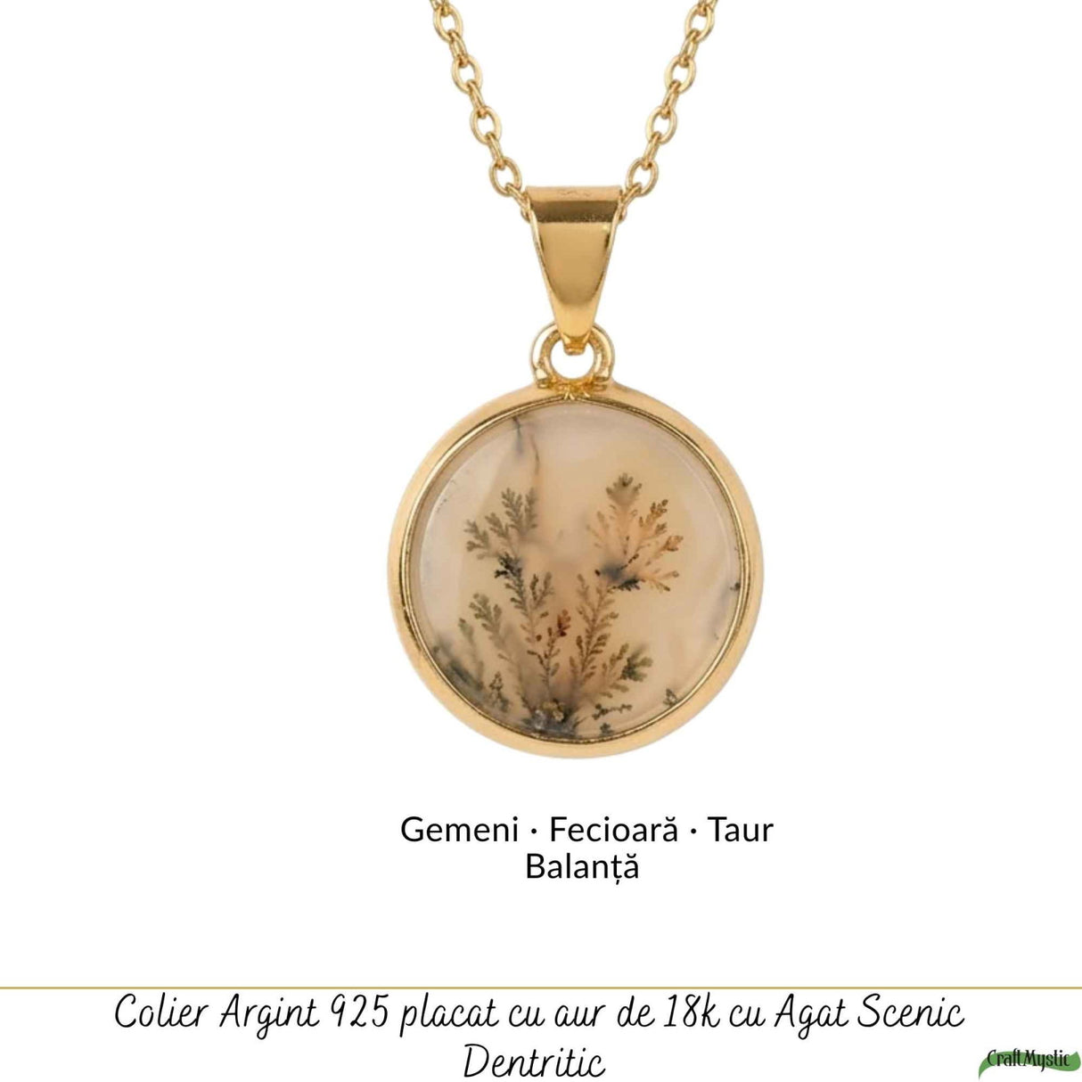 Colier Argint 925 Placat Aur 18K cu Agat Scenic Dendritic Rotund – Echilibru si Claritate