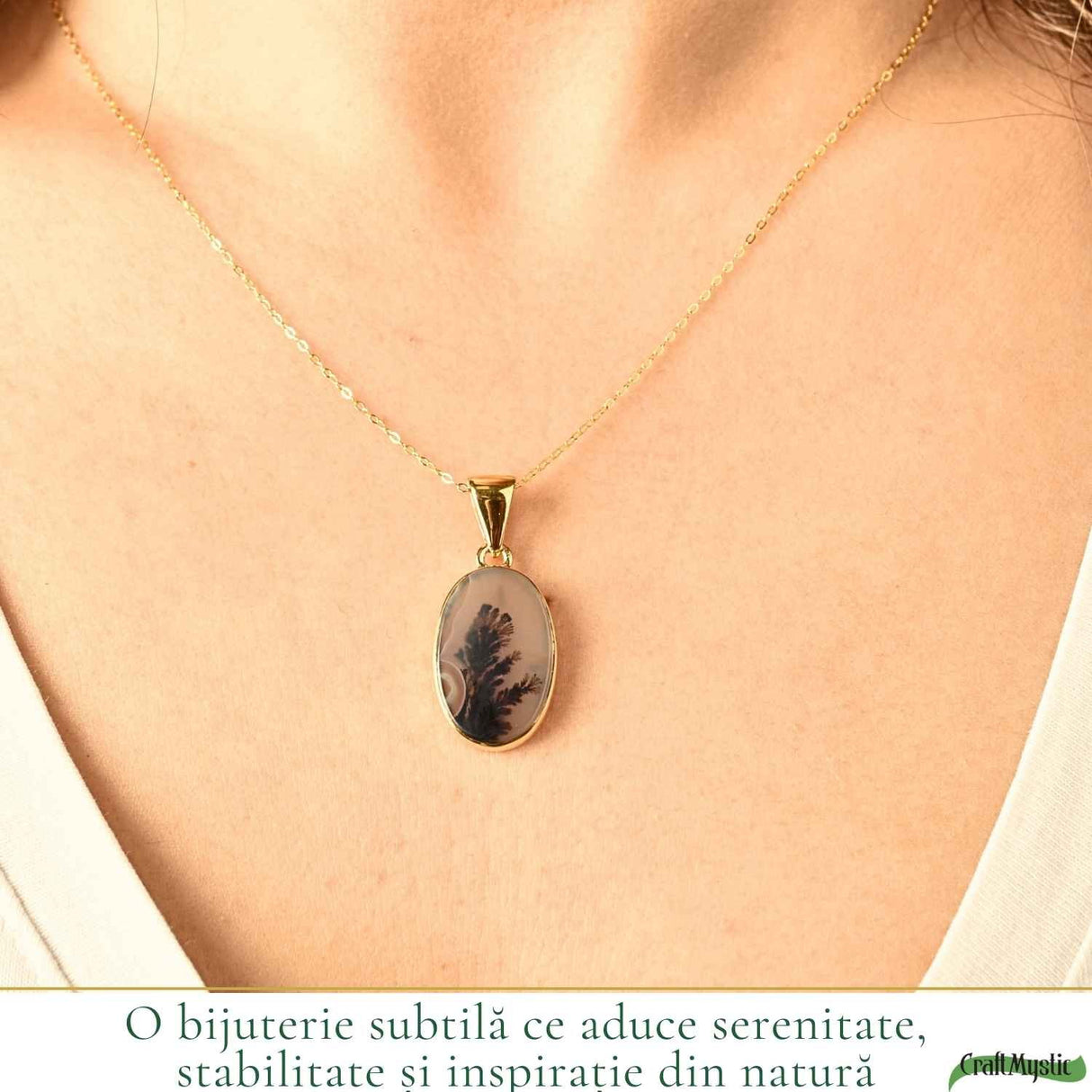 Colier Argint 925 Placat Aur 18K cu Agat Scenic Dendritic Oval – Echilibru si Claritate