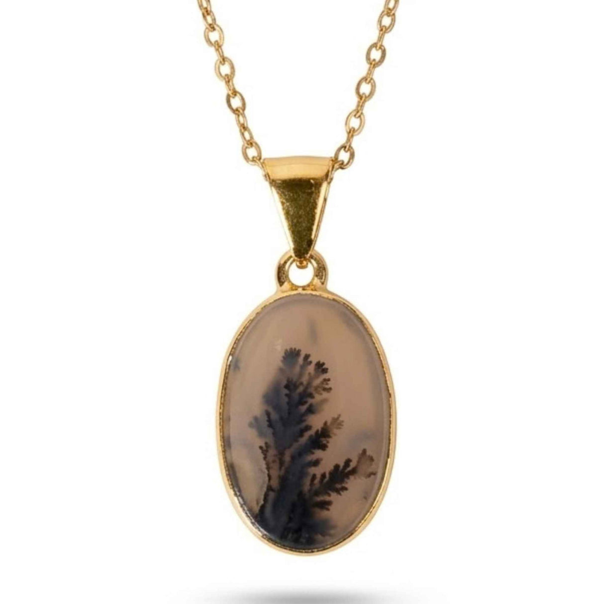 Colier Argint 925 Placat Aur 18K cu Agat Scenic Dendritic Oval – Echilibru si Claritate