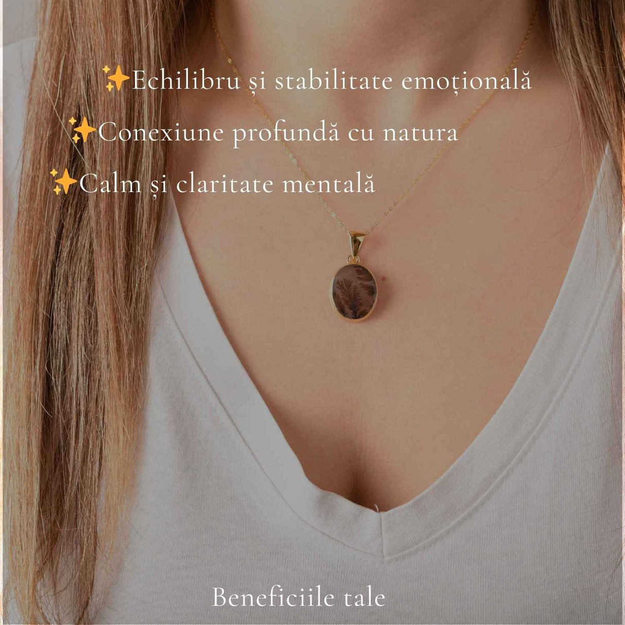 Colier Argint 925 Placat Aur 18K cu Agat Scenic Dendritic Oval – Echilibru si Claritate