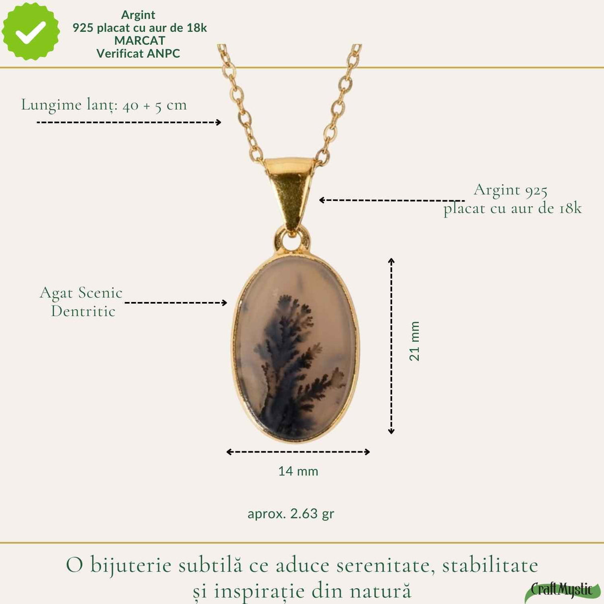 Colier Argint 925 Placat Aur 18K cu Agat Scenic Dendritic Oval – Echilibru si Claritate