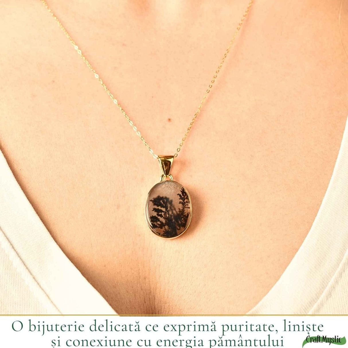 Colier Argint 925 Placat Aur 18K cu Agat Scenic Dendritic Oval – Echilibru si Claritate