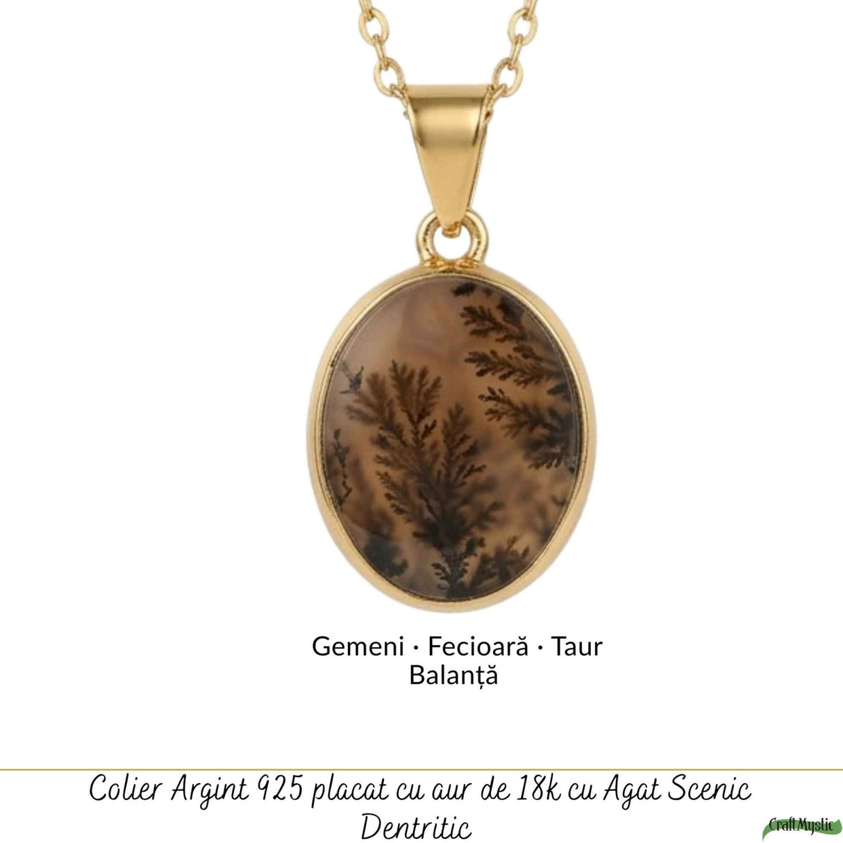 Colier Argint 925 Placat Aur 18K cu Agat Scenic Dendritic Oval – Echilibru si Claritate