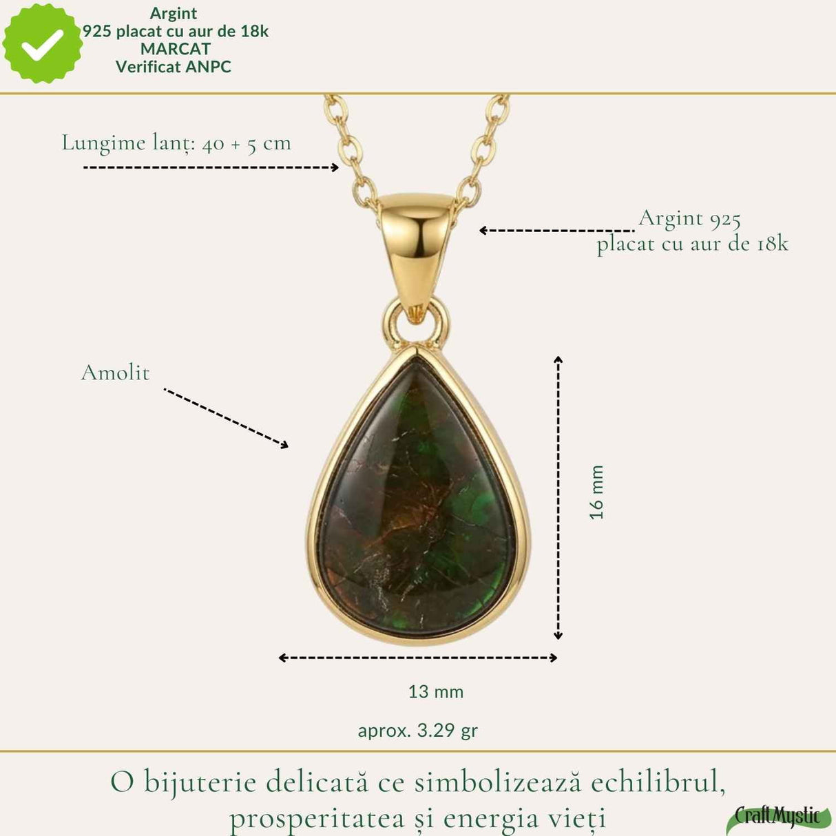 Colier Argint 925 Placat Aur 18K cu Amolit Natural Lacrima – Prosperitate si Energie Pozitiva
