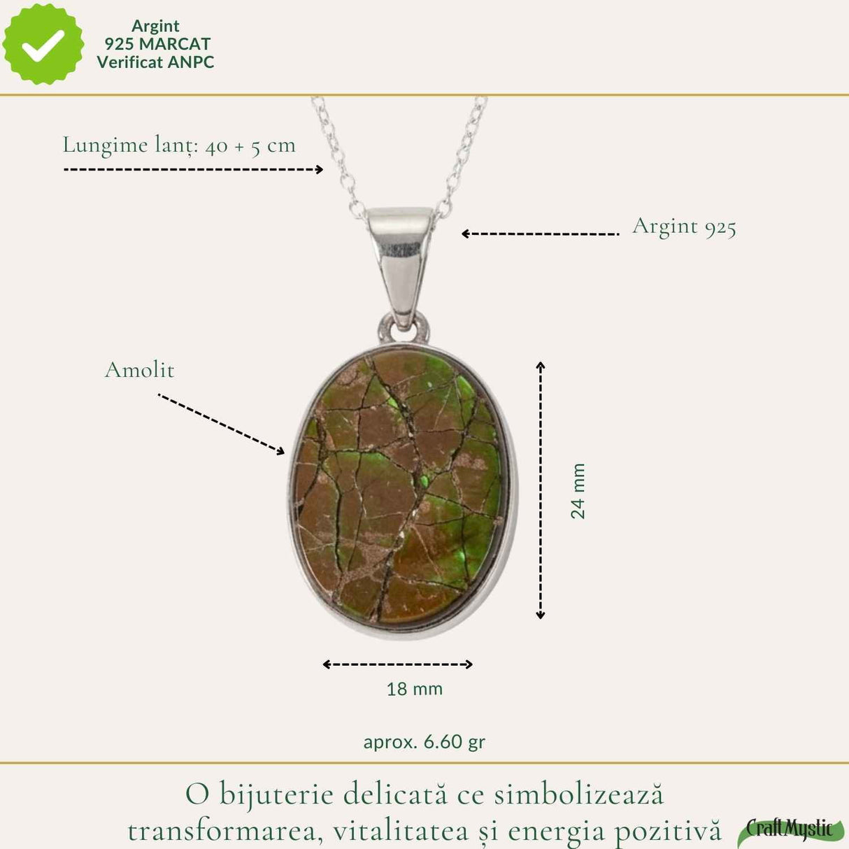 Colier Argint 925 cu Amolit Natural Oval – Prosperitate, Protectie si Energie Pozitiva
