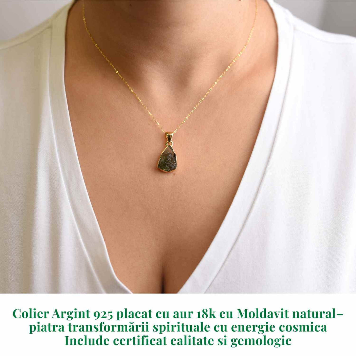 Colier argint 925 placat cu Aur 18k cu Moldavit natural - Transformare spirituala - 2.46 g