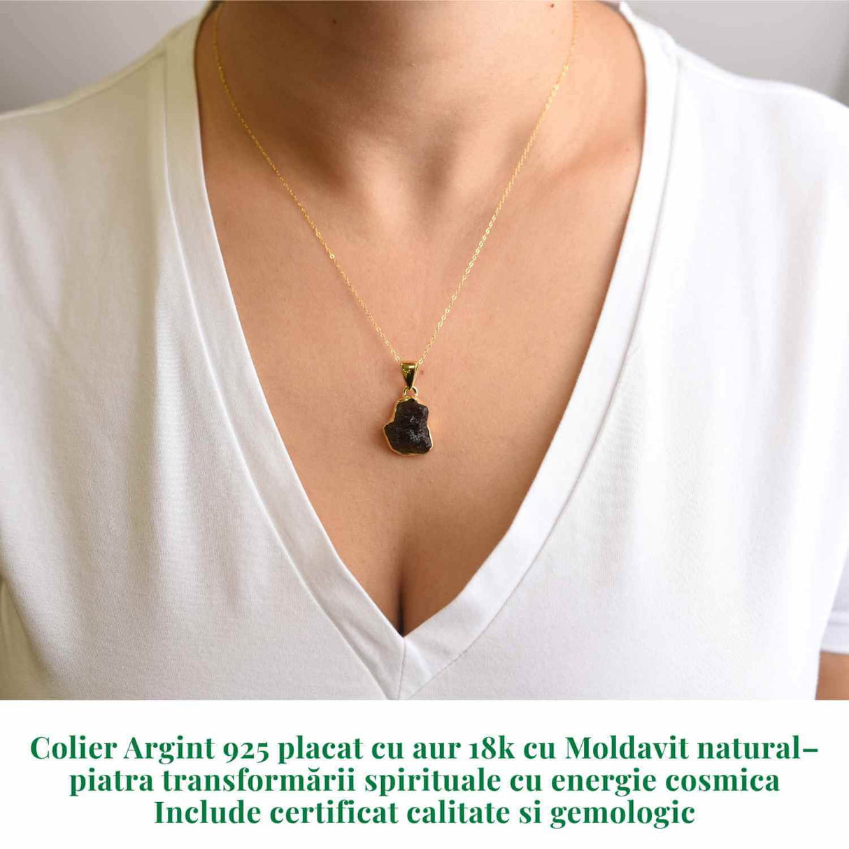 Colier Argint 925 placat cu Aur 18k cu Moldavit natural 3.28 gr 16x13 mm - transformare, protectie, energie cosmica