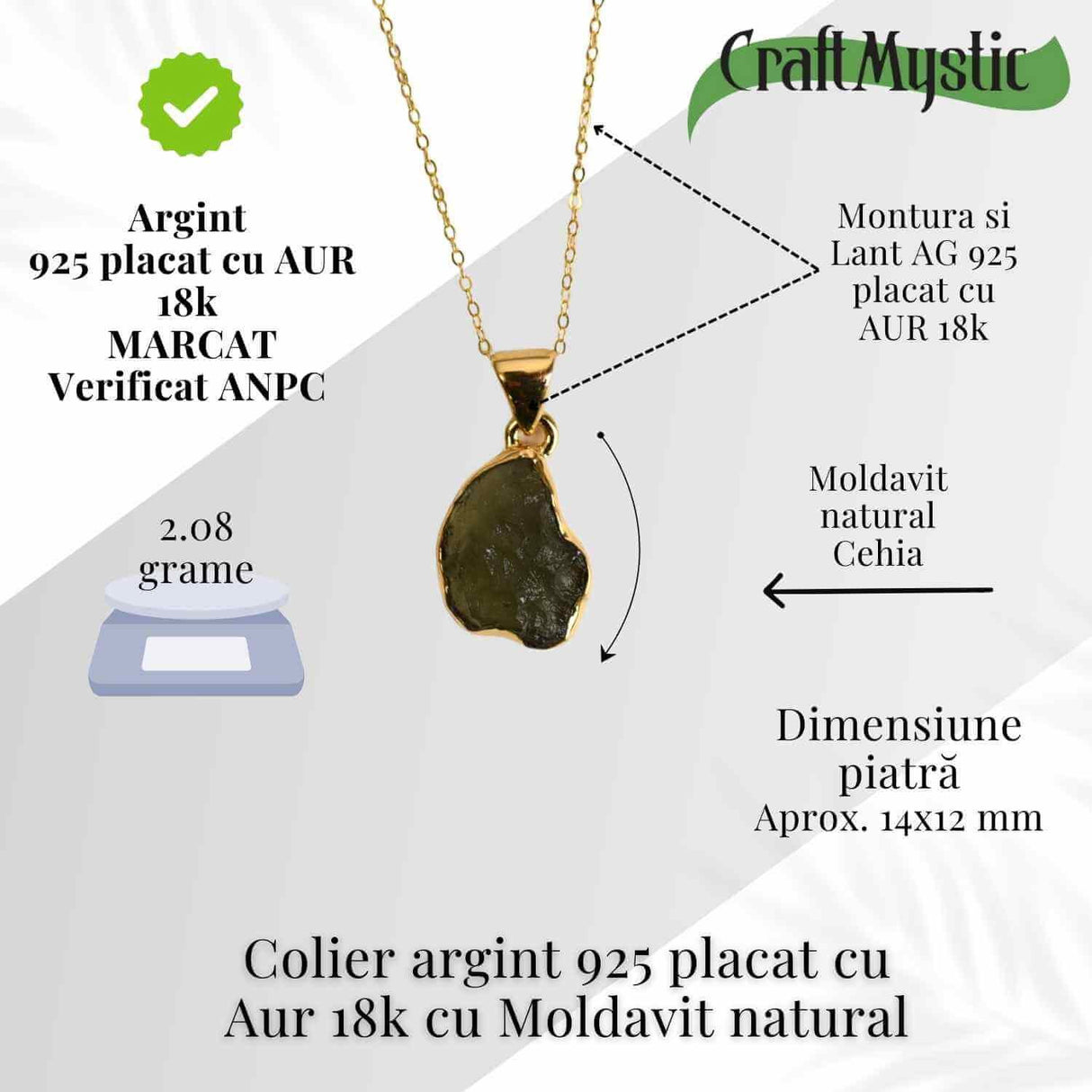 Colier argint 925 placat aur 18k cu Moldavit natural - accelerarea transformarii personale si spirituale - 2.08 g