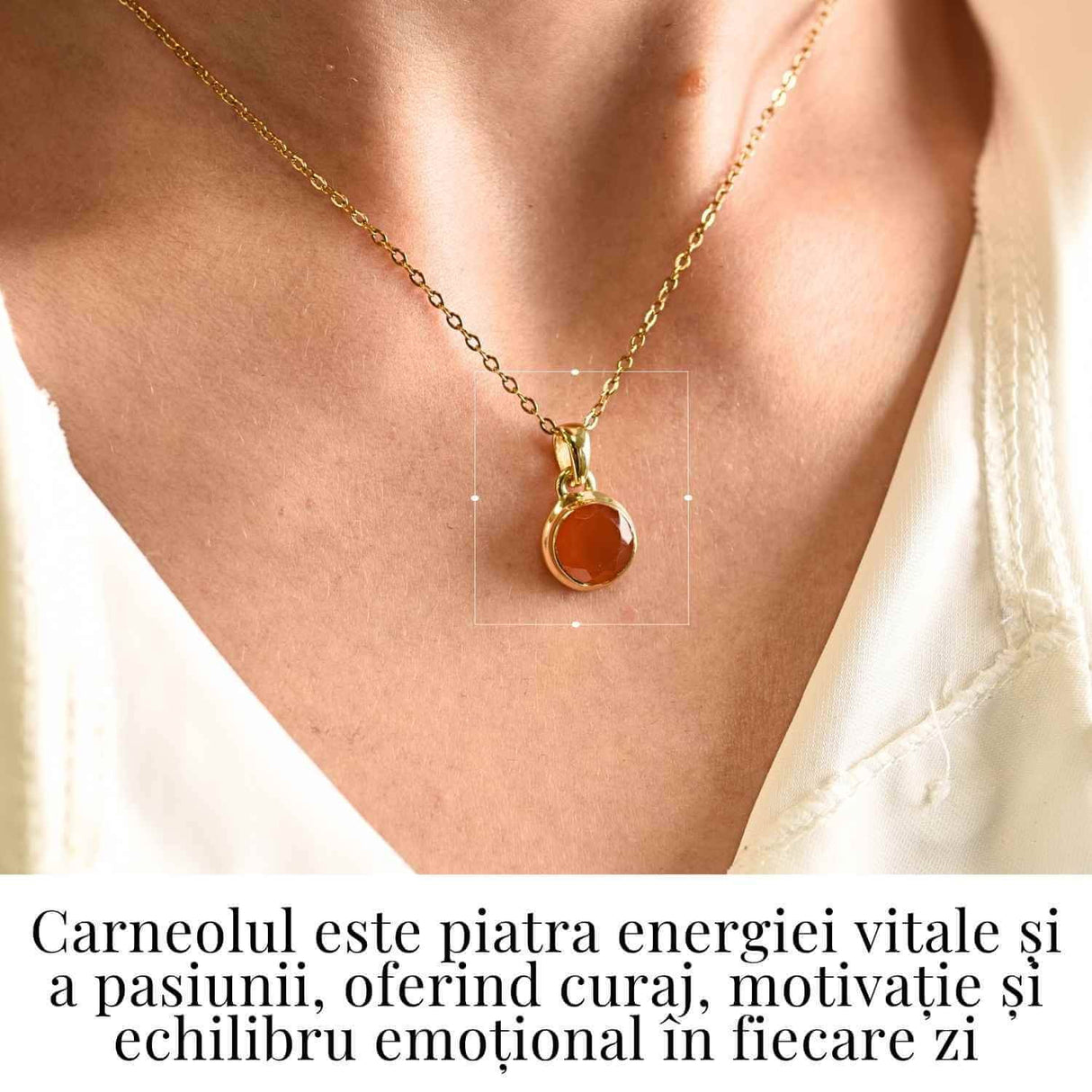 Colier cu lant inox cu Carneol Rotund in montura Argint 925 Placat cu Aur 18K - Energie si Curaj Zilnic