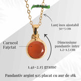 Colier cu lant inox cu Carneol Rotund in montura Argint 925 Placat cu Aur 18K - Energie si Curaj Zilnic