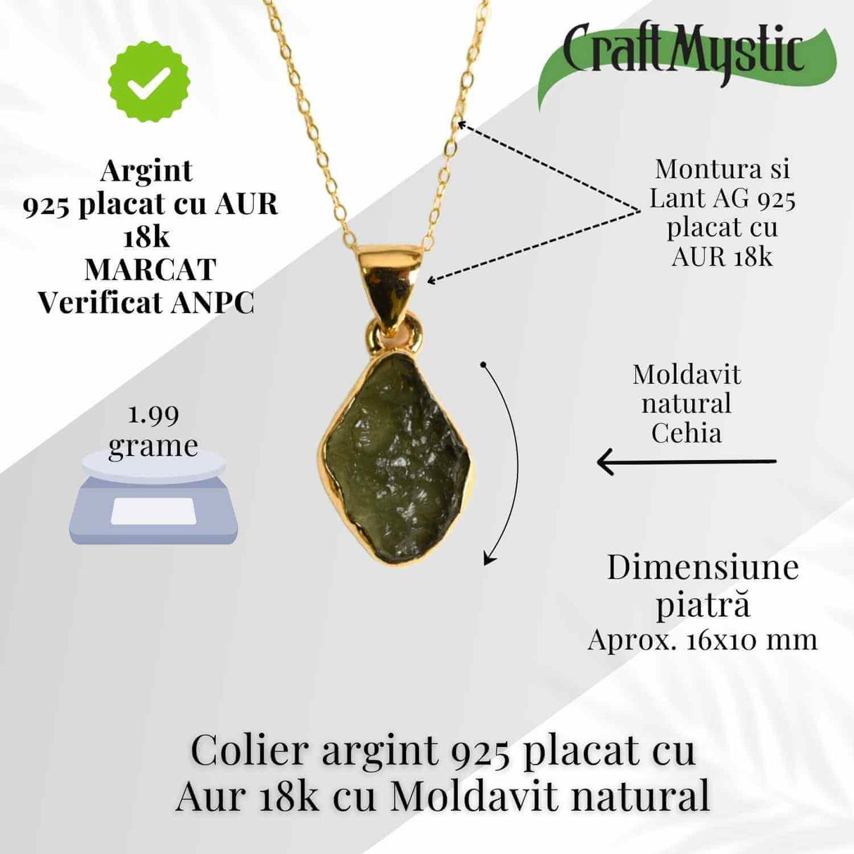 Colier Argint 925 placat cu aur 18k cu Moldavit natural brut 1.99 g - talisman de transformare