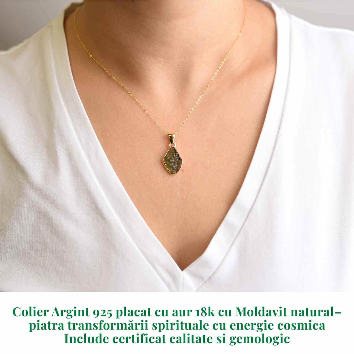 Colier Argint 925 placat cu aur 18k cu Moldavit natural brut 1.99 g - talisman de transformare