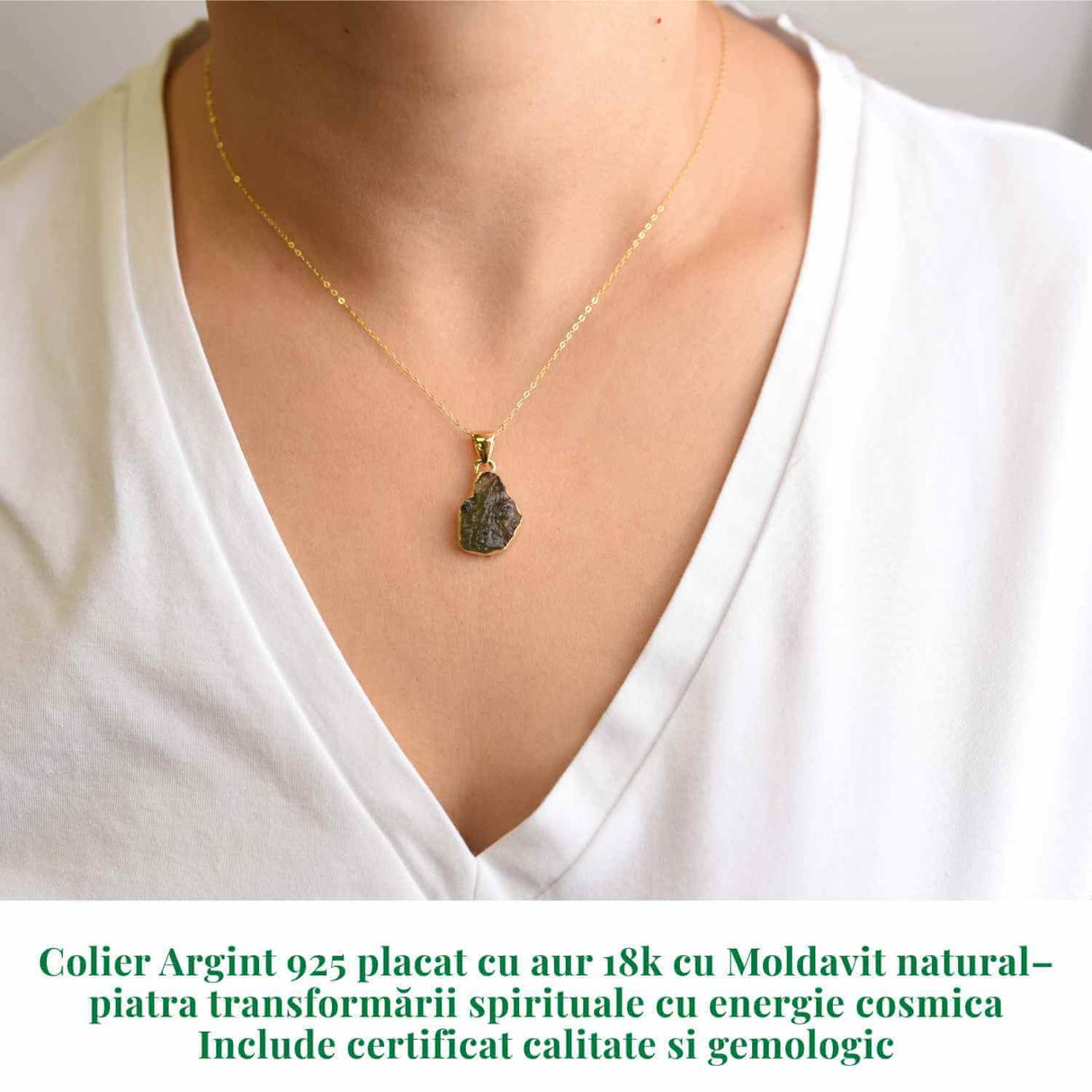 Colier Argint 925 placat cu aur 18k cu Moldavit natural brut 2.36 g - talisman de transformare