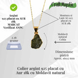 Colier Argint 925 placat cu aur 18k cu Moldavit natural brut 2.36 g - talisman de transformare