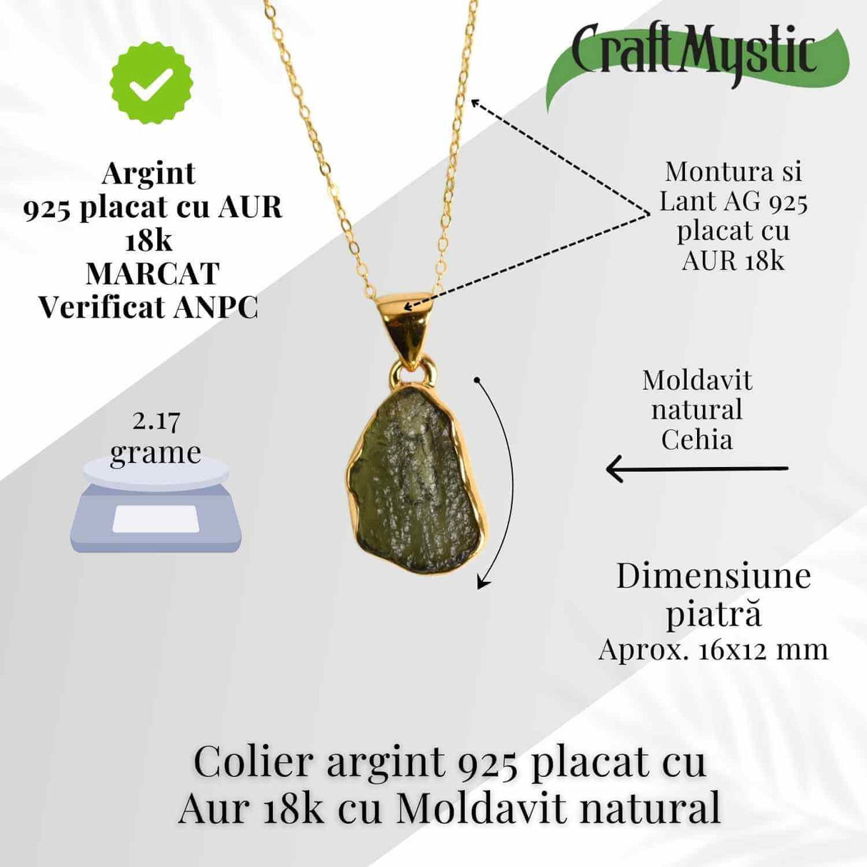 Colier argint 925 placat aur 18k cu Moldavit natural 2.17 g - Accelereaza transformarea personala