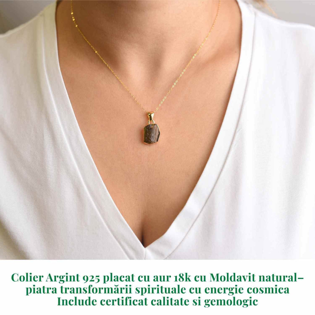 Colier Argint 925 placat cu Aur 18k cu Moldavit natural brut - transformare si protectie - 2.16 g