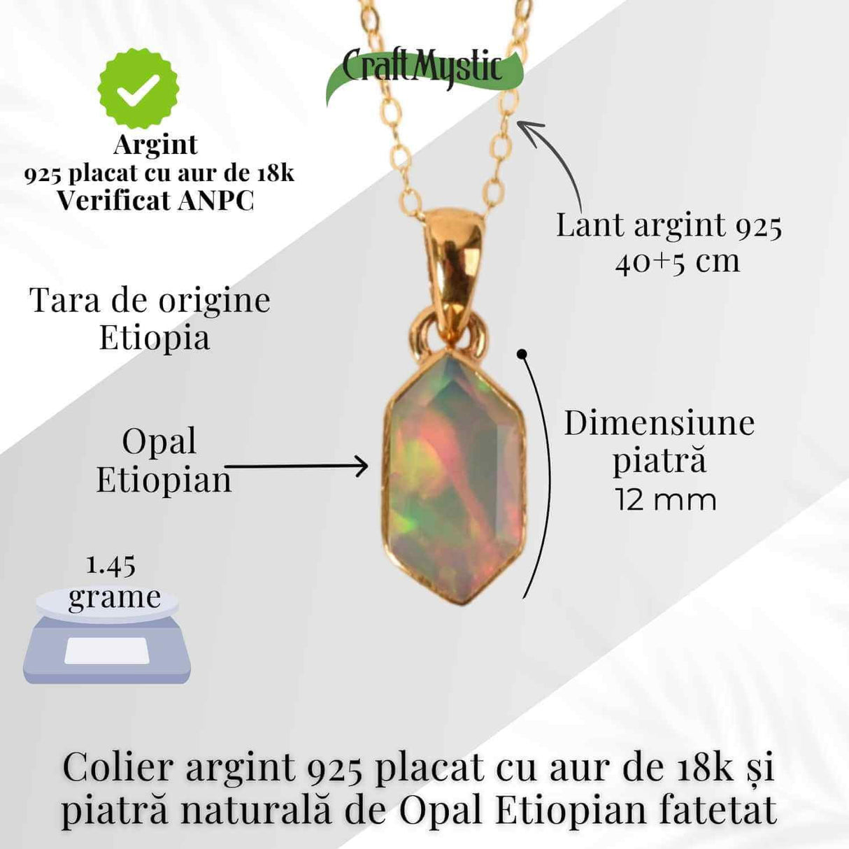 Colier Argint 925 placat cu aur 18K cu Opal Etiopian Fatetat Hexagonal - Protectie, Lumina si Armonie Divina