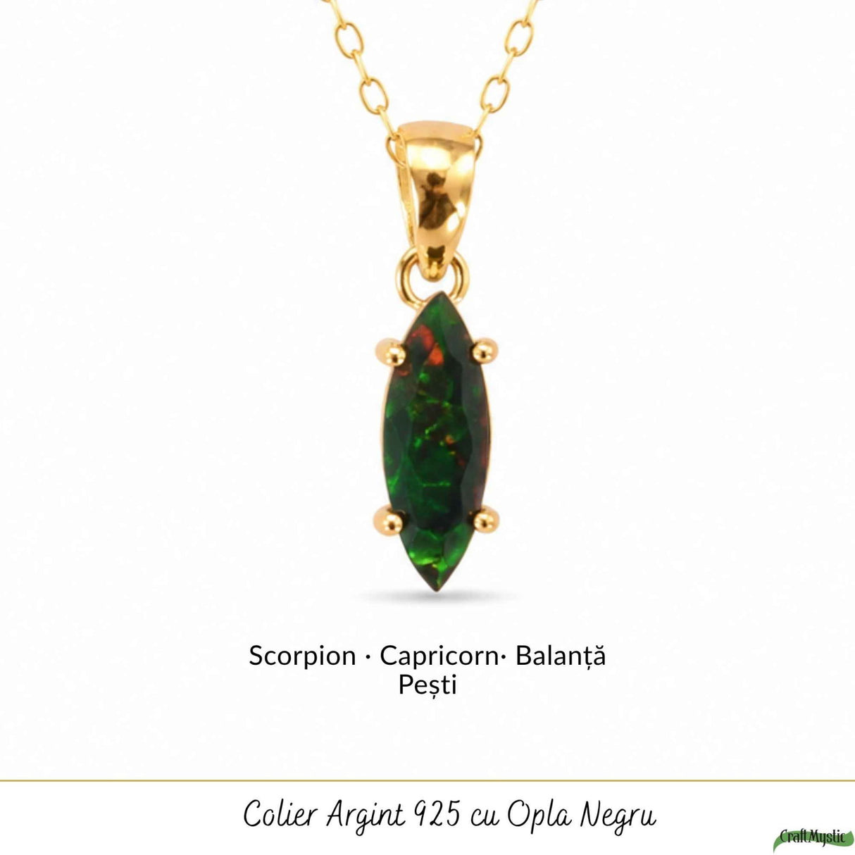 Colier Delicat din Argint 925 Placat cu Aur 18K cu Opal Negru – Eleganta si Protectie