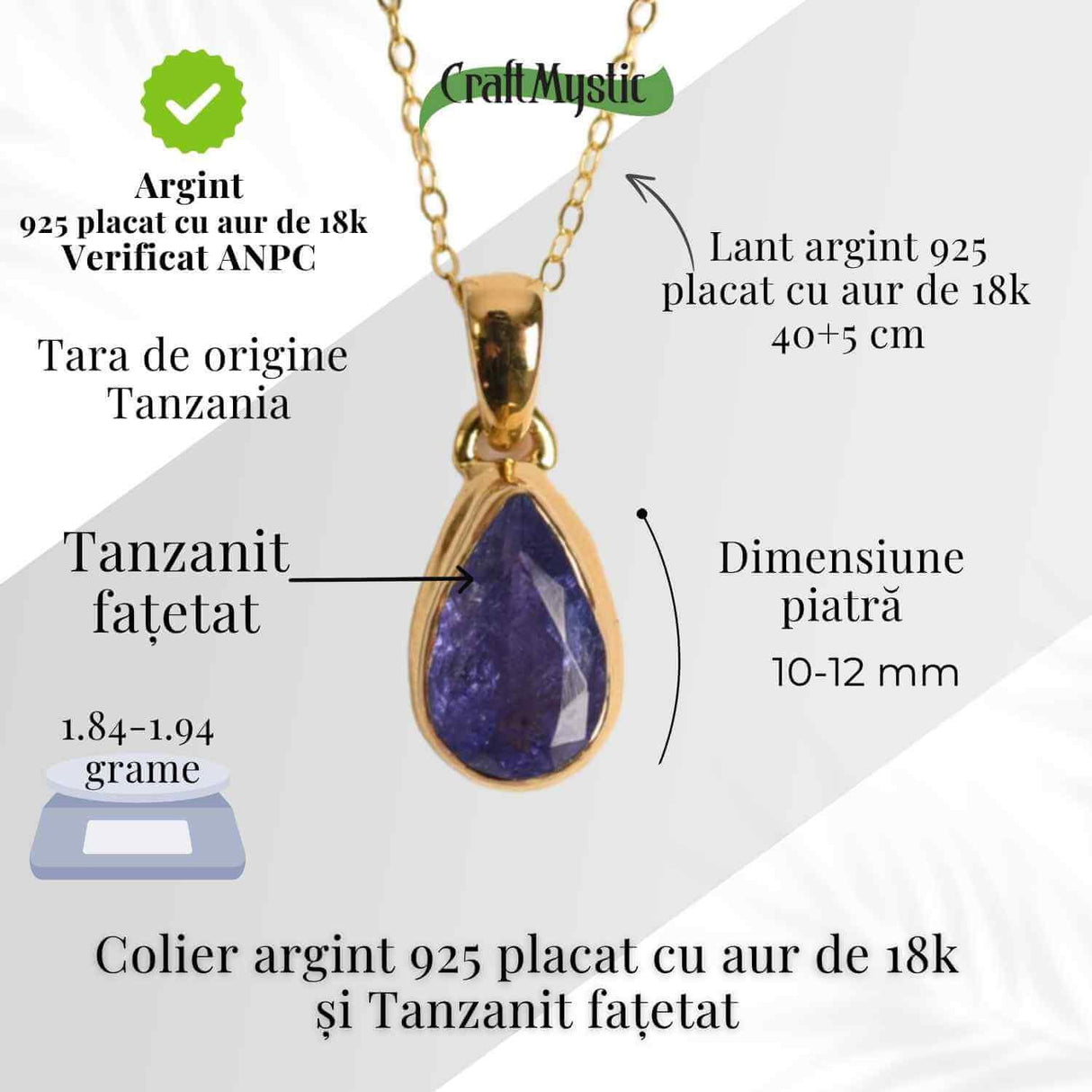 Colier Argint 925 Placat cu Aur 18K si Tanzanit Fatetat in Forma de Lacrima - Claritate, Transformare si Armonie Interioara