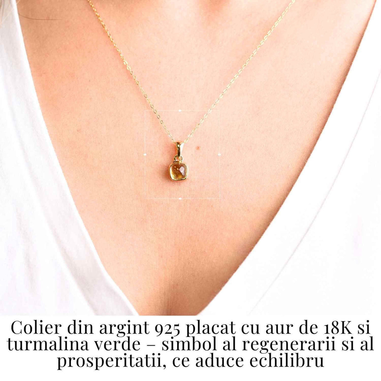 Colier Argint 925 Placat cu Aur 18K si Turmalina Verde Naturala - Echilibru, Vindecare si Energie a Vietii