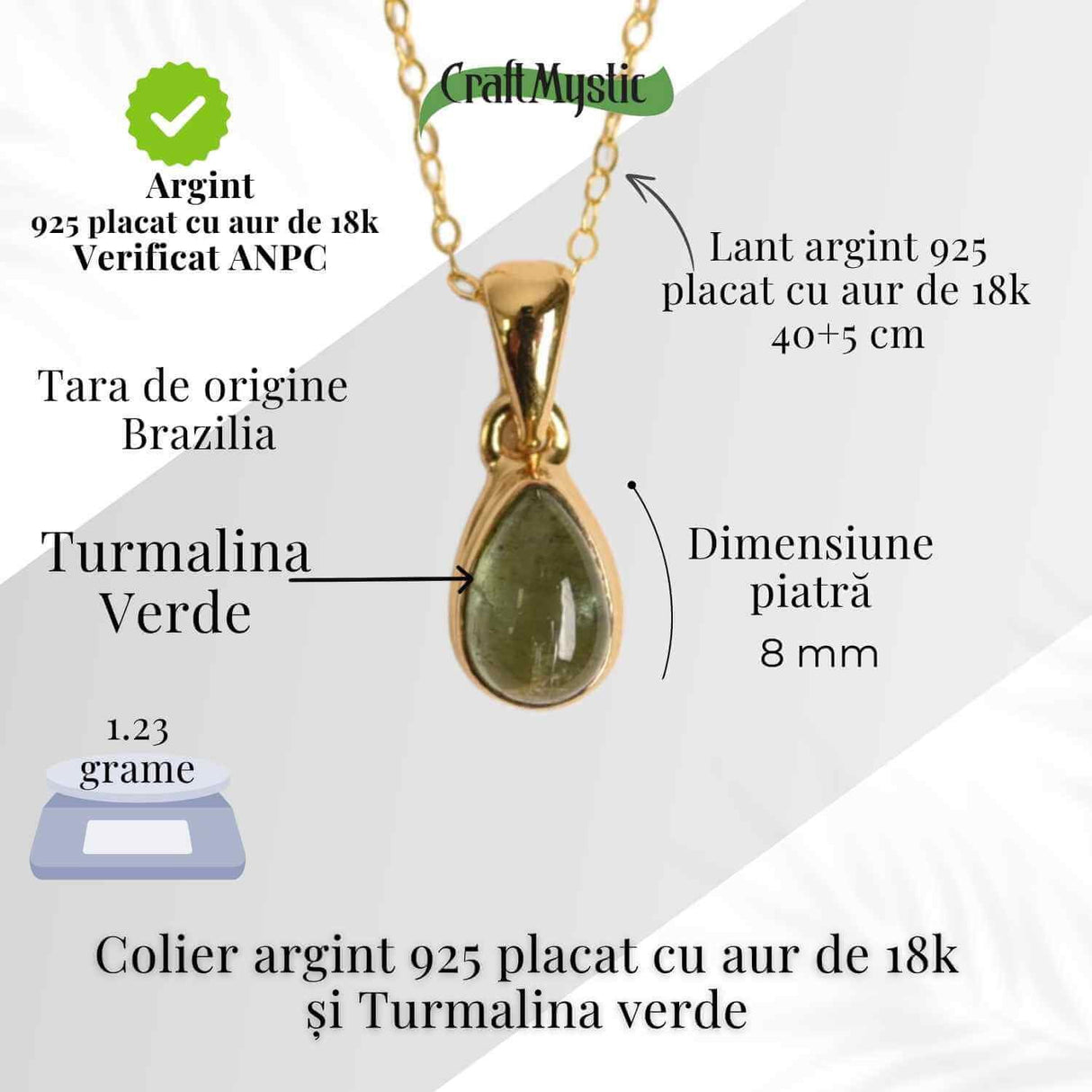 Colier Argint 925 Placat cu Aur 18K si Turmalina Verde Naturala in Forma de Lacrima - Vindecare, Armonie si Renastere