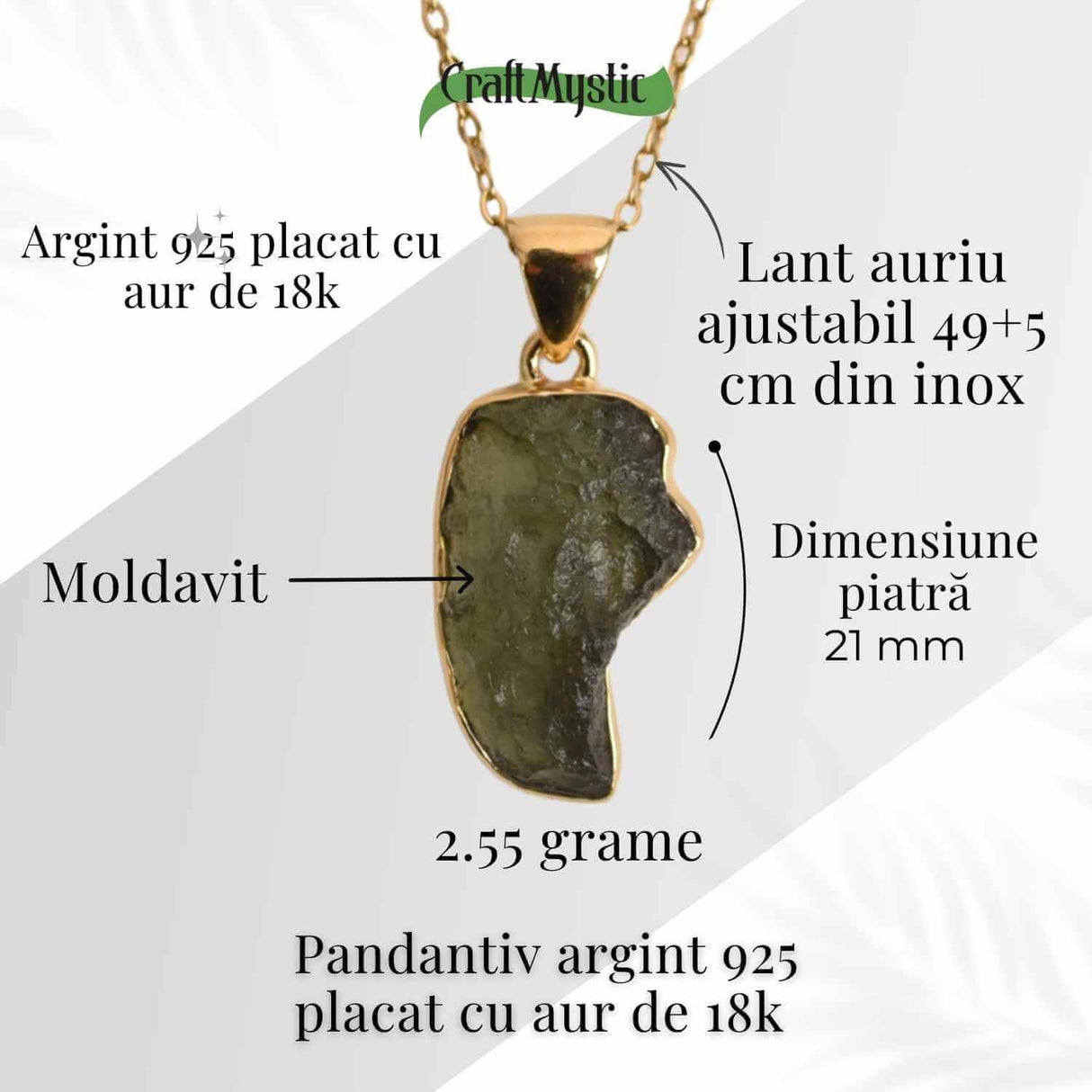Colier cu lant de inox aurit si pandantiv montura argint 925, placat cu aur 18 k si Moldavit natural, 2.55 gr - Protectie si transformare