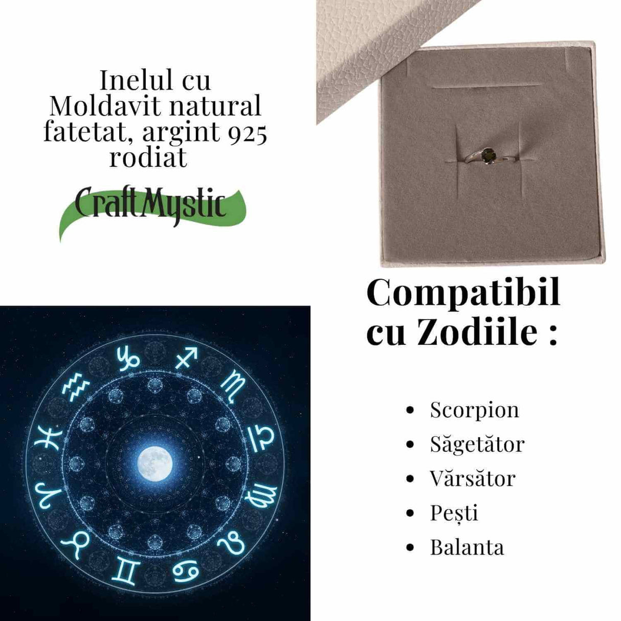 Inel minimalist din Argint 925 rodiat cu Moldavit natural fatetat - claritate, protectie si evolutie interioara