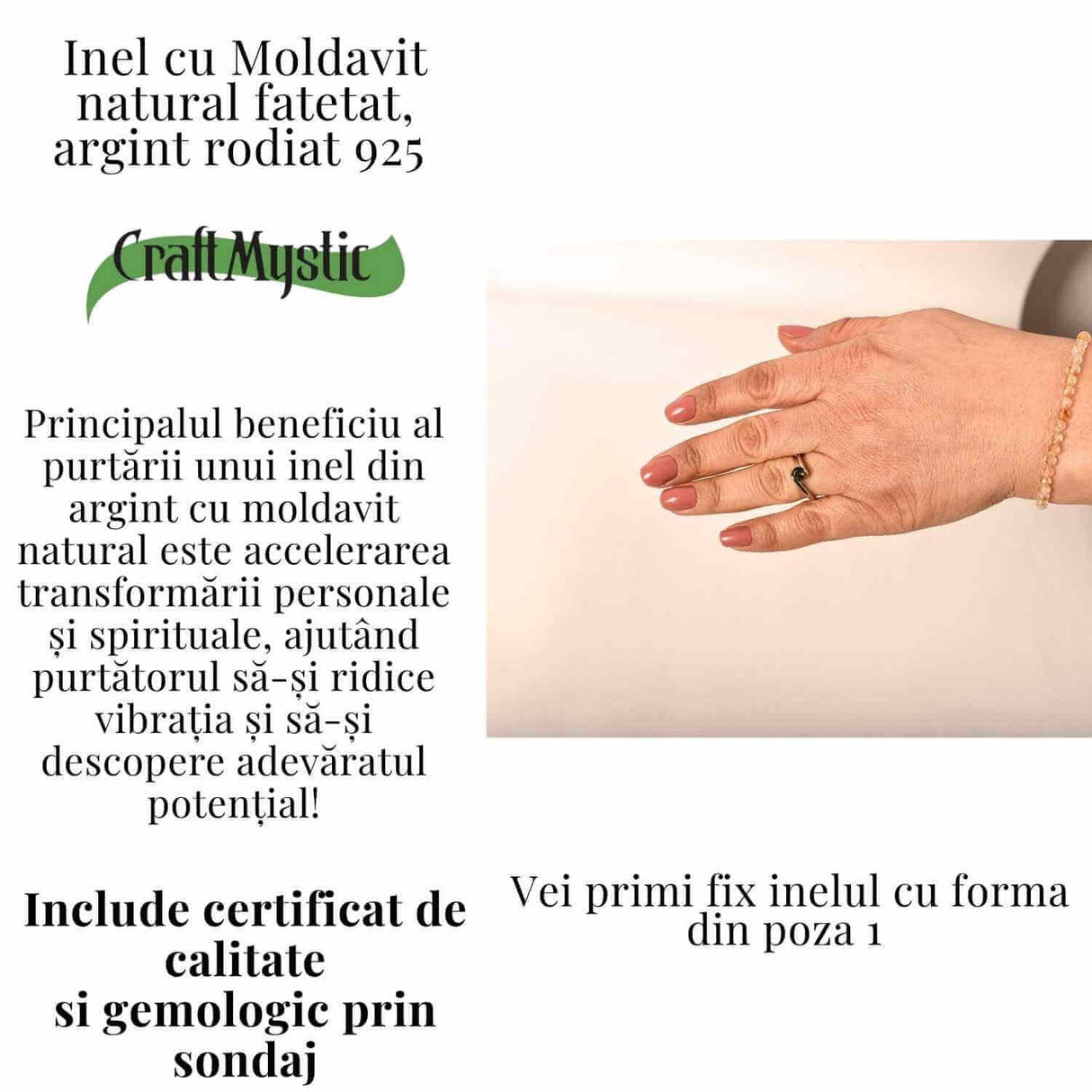 Inel minimalist din Argint 925 rodiat cu Moldavit natural fatetat - claritate, protectie si evolutie interioara