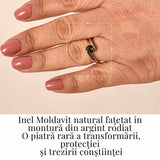 Inel minimalist din Argint 925 rodiat cu Moldavit natural fatetat - claritate, protectie si evolutie interioara