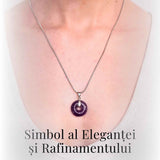 Colier Argintiu cu Ametist Forma Pi - Calm si Spiritualitate, Lungime Totala 50 cm, Diametru Pandantiv 20 mm