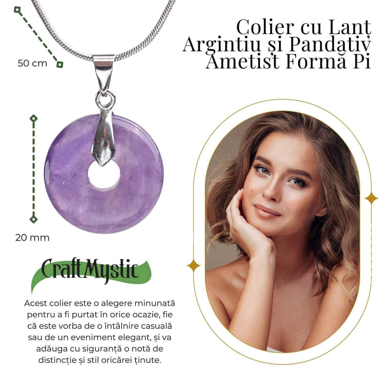 Colier Argintiu cu Ametist Forma Pi - Calm si Spiritualitate, Lungime Totala 50 cm, Diametru Pandantiv 20 mm