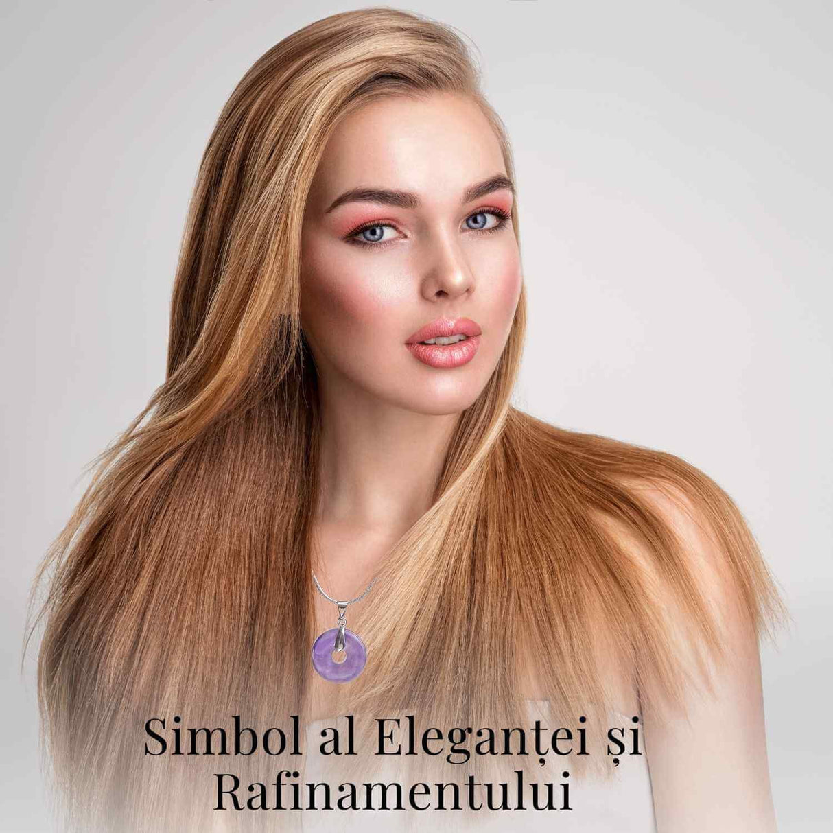 Colier Argintiu cu Ametist Forma Pi - Calm si Spiritualitate, Lungime Totala 50 cm, Diametru Pandantiv 20 mm