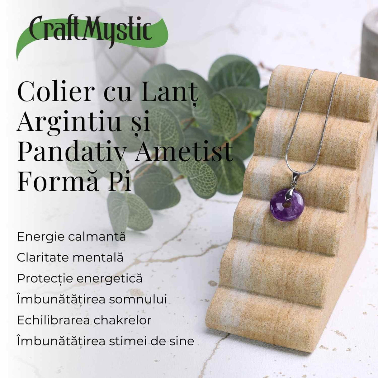 Colier Argintiu cu Ametist Forma Pi - Calm si Spiritualitate, Lungime Totala 50 cm, Diametru Pandantiv 20 mm