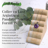 Colier Argintiu cu Ametist Forma Pi - Calm si Spiritualitate, Lungime Totala 50 cm, Diametru Pandantiv 20 mm
